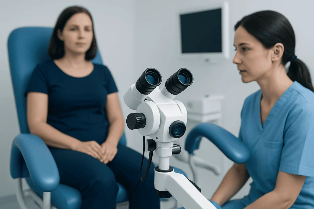 Gynecologist using microscope during patient consultation at hospital.