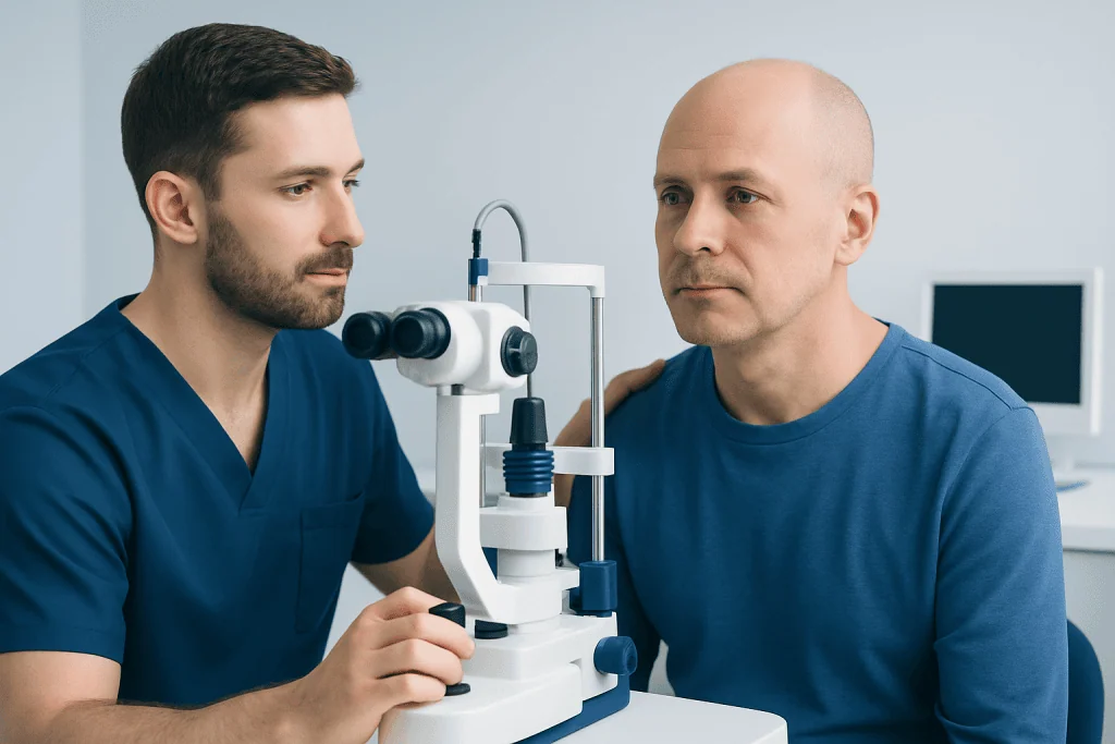 Ophthalmologist examining a patient's eye with a slit lamp microscope.