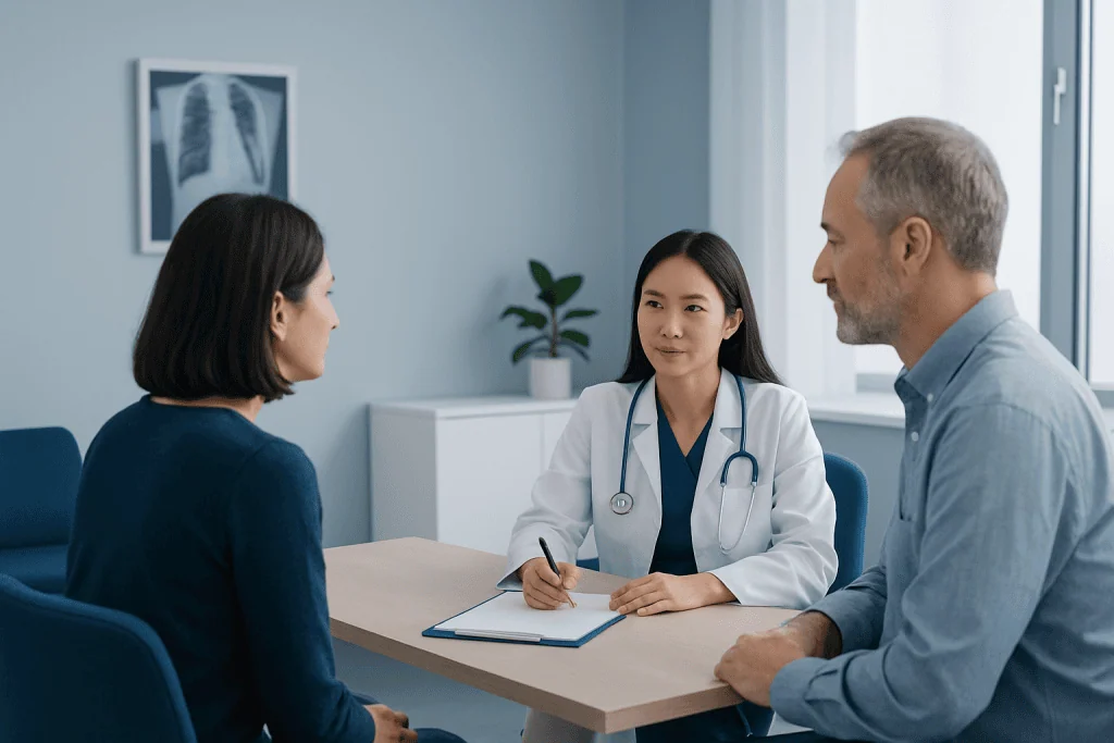 Doctor consulting with patients at Acibadem Hospital in a modern clinic setting.