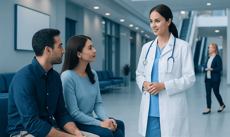 Doctor consulting with patients in a hospital lobby.