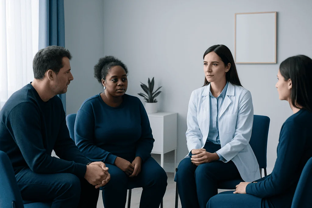Support group therapy session with diverse participants and a counselor.