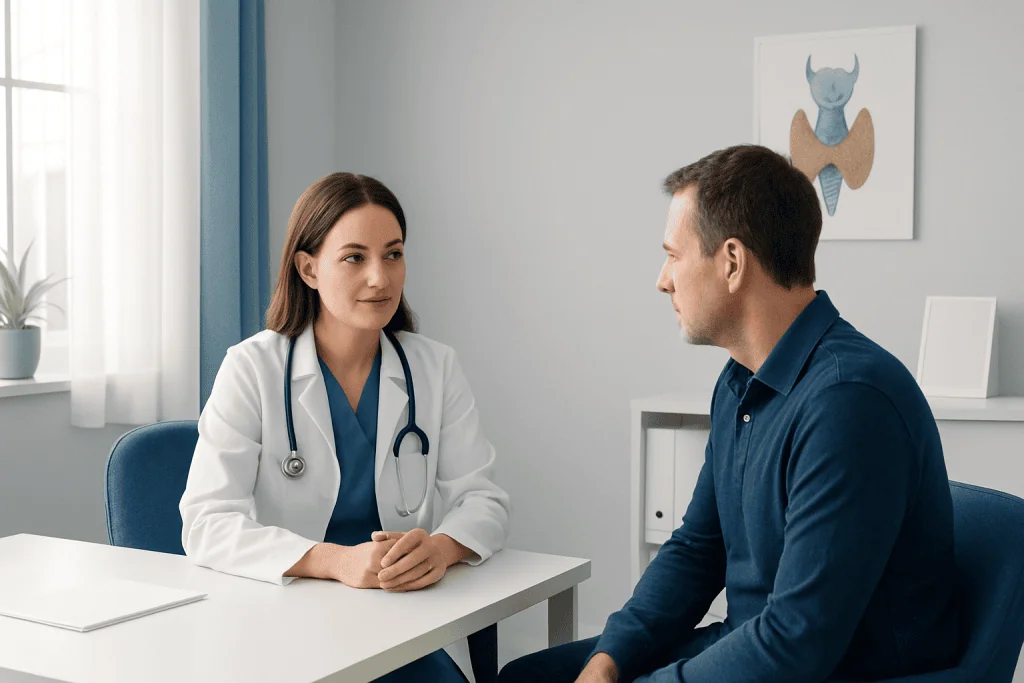 Doctor consulting with a patient in a modern medical office.