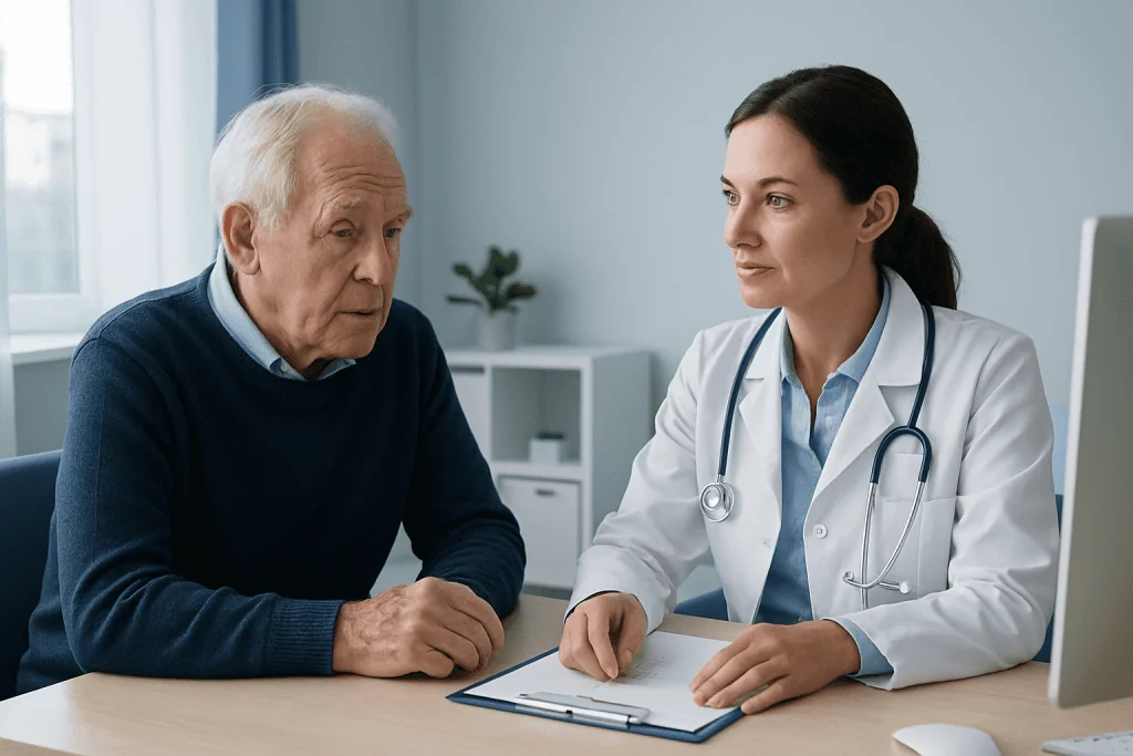 Doctor consulting with elderly patient in a medical office setting.