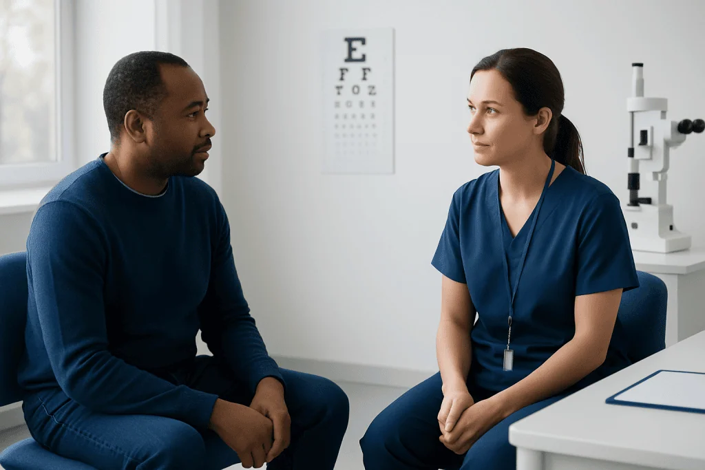 Patient and optometrist during eye exam at a clinic.