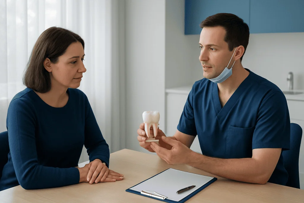 Dentist explaining dental crown procedure to patient with model teeth.