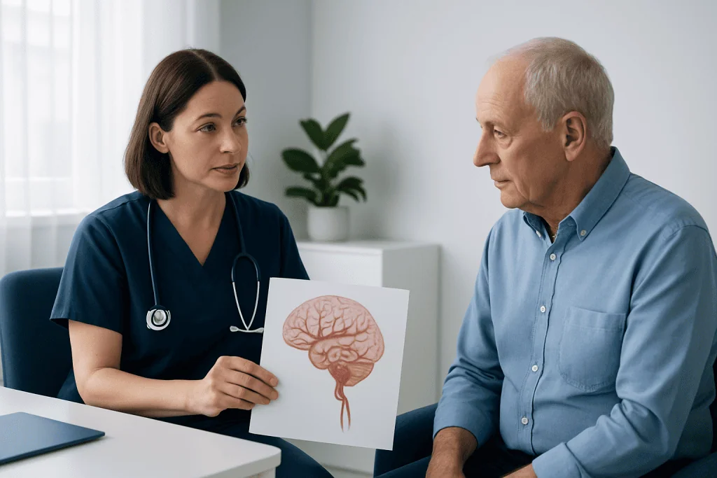 Doctor explaining brain aneurysm to patient with brain diagram.