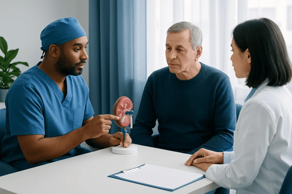 Doctor explaining kidney transplant process to patient with medical model.