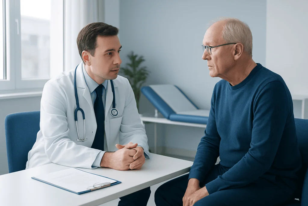 Doctor consulting with an elderly patient in a medical office.