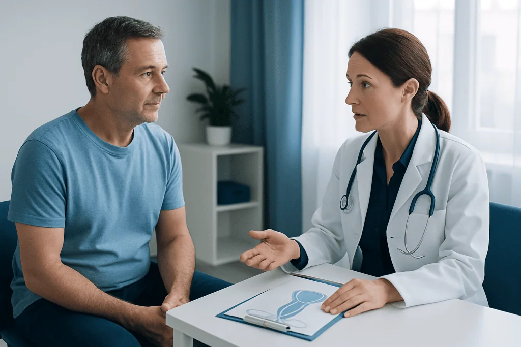 Doctor consulting with male patient in a medical office.
