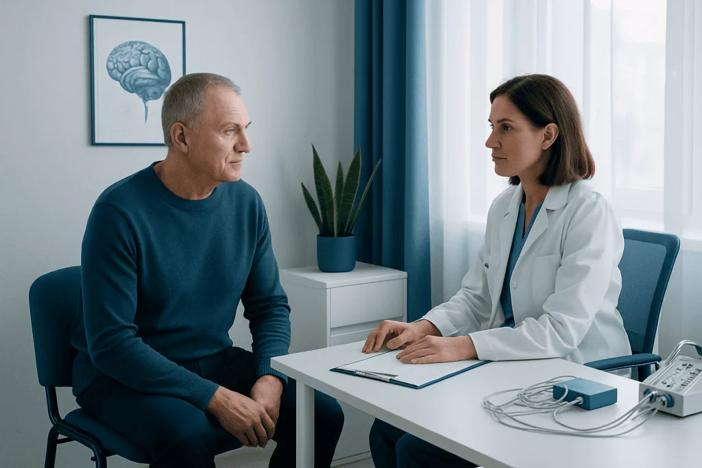 Doctor consulting with a male patient in a clinical neurophysiology setting.