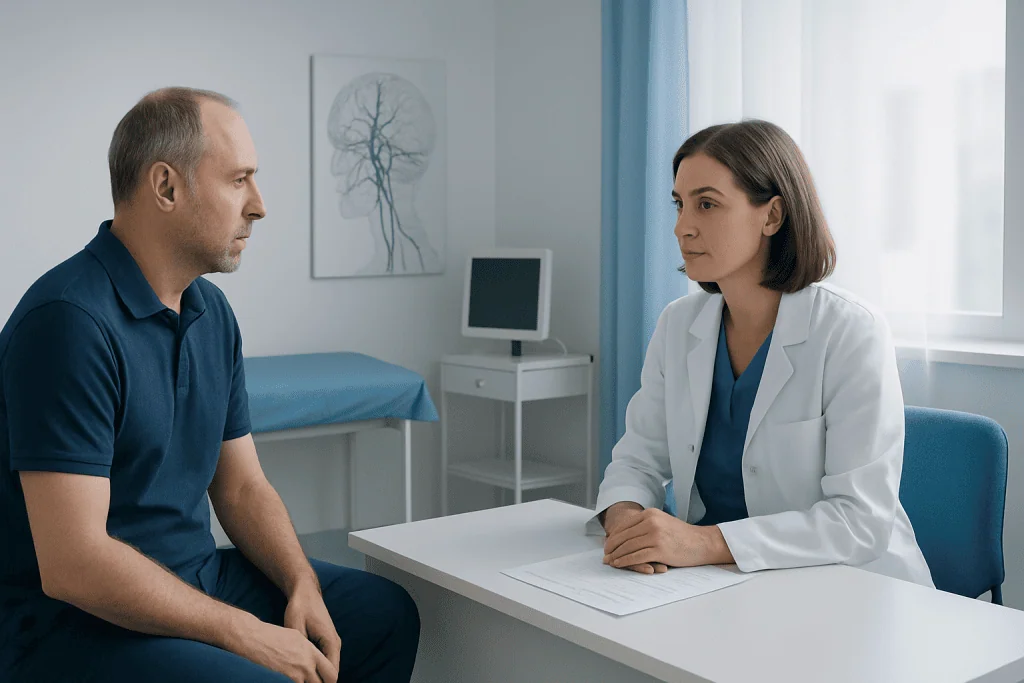Doctor consulting with patient in a medical office setting.
