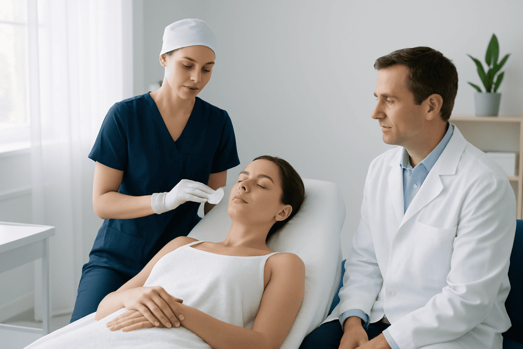 Dermatology professional performing facial treatment on patient in clinic.
