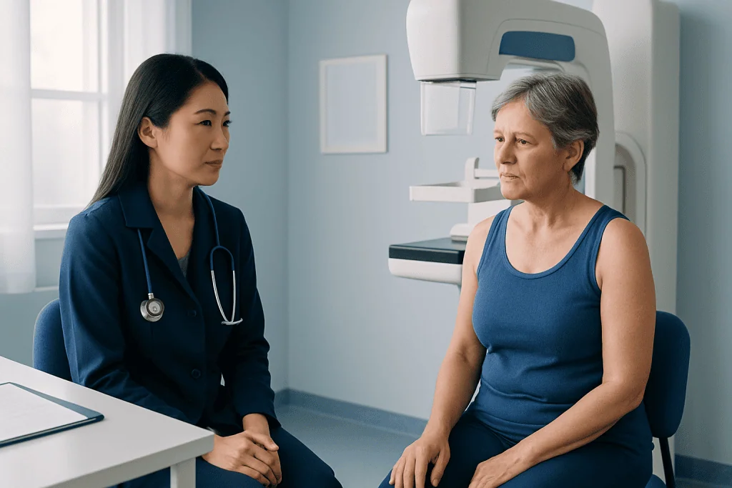 Doctor explaining mammogram results to an older female patient in a clinic.