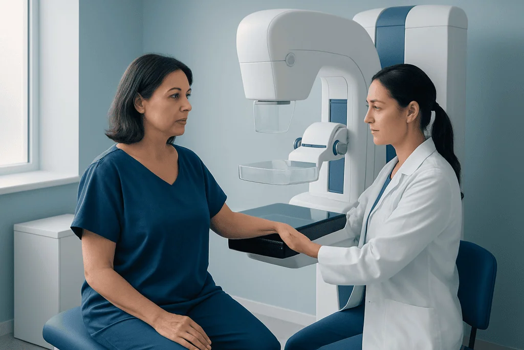 Medical professional explains mammogram procedure to patient in clinic.
