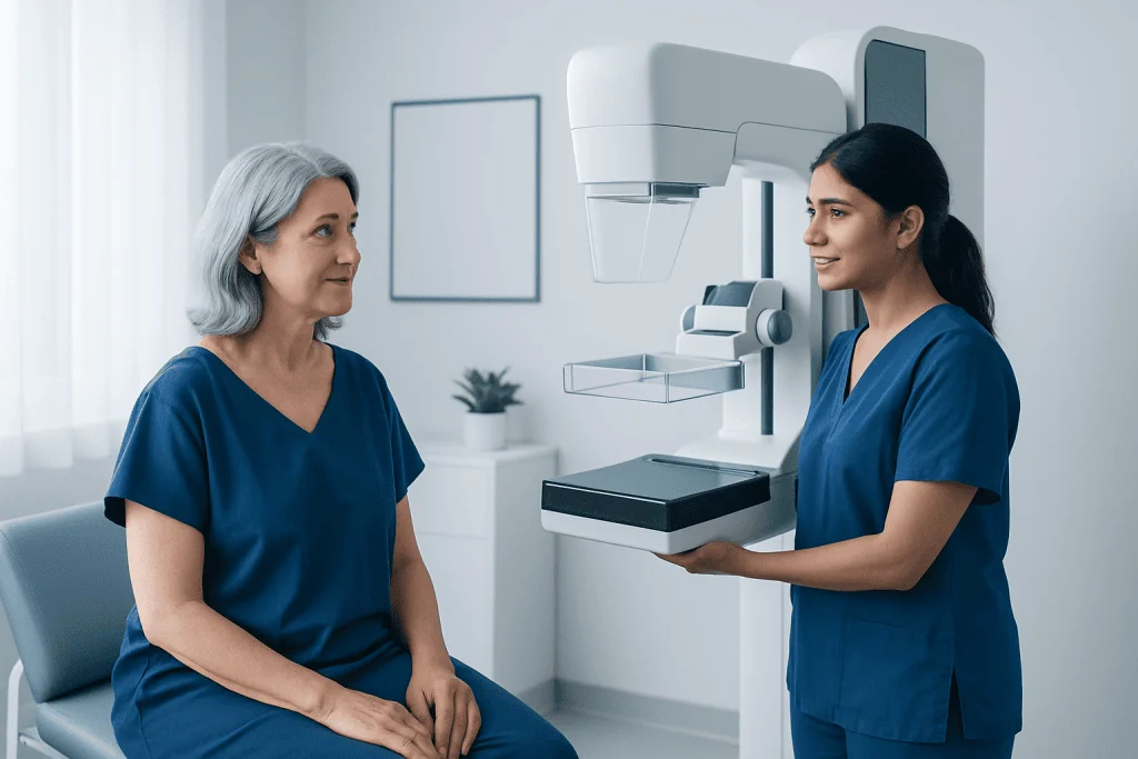 Medical professional explains mammogram results to a patient in a clinic.