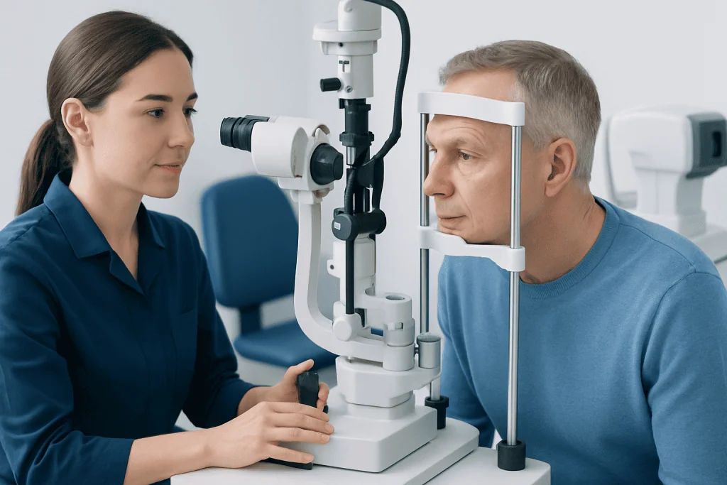 Optometrist performs eye examination using slit lamp at clinic.
