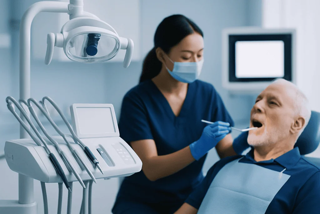 Dentist performing oral examination on elderly patient in clinic.