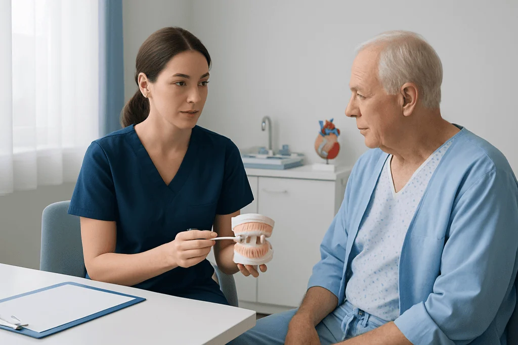 Nurse explaining dental health to elderly patient before heart surgery.