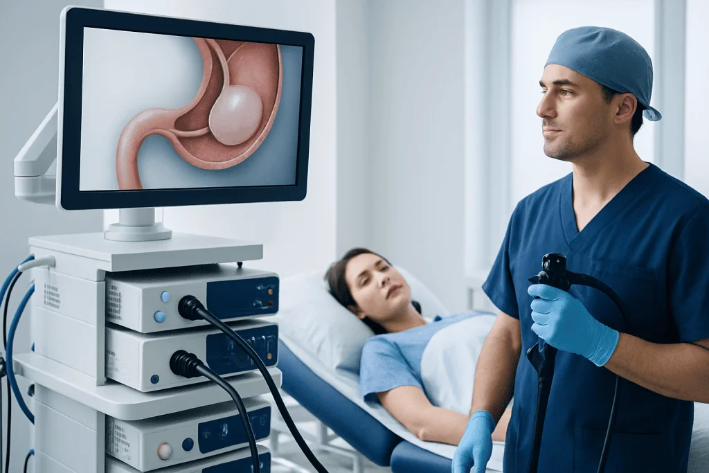 Gastric balloon removal procedure with medical equipment and patient.