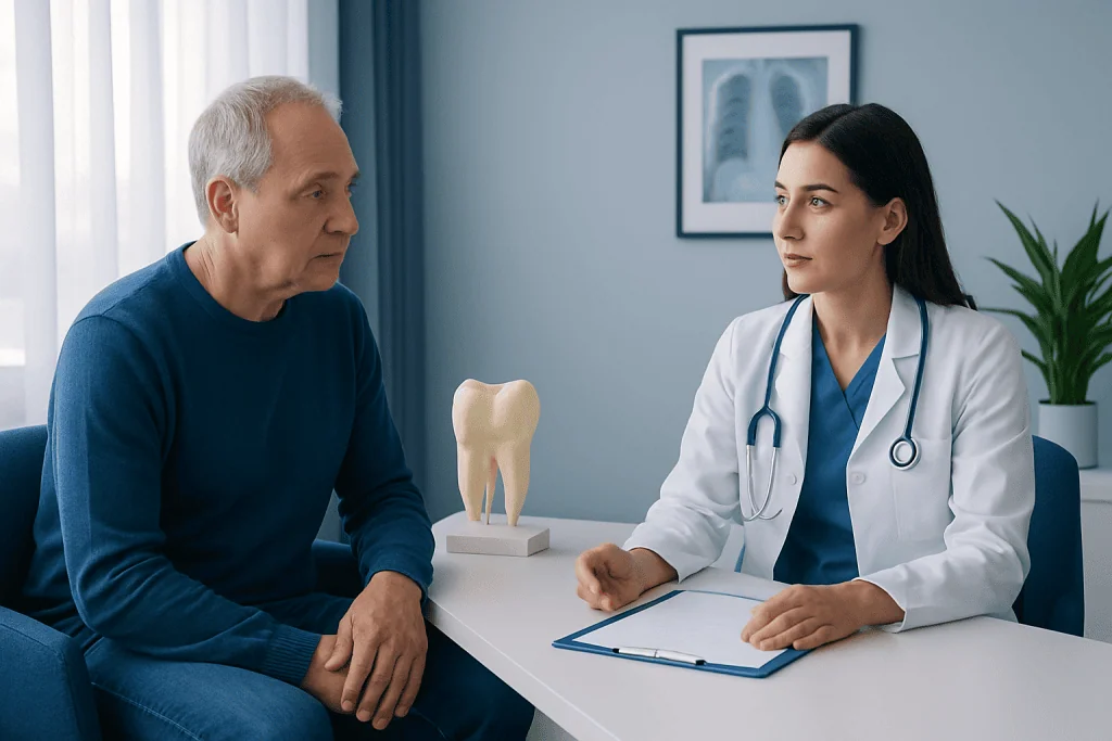 Dentist consulting with a patient in a medical office setting.