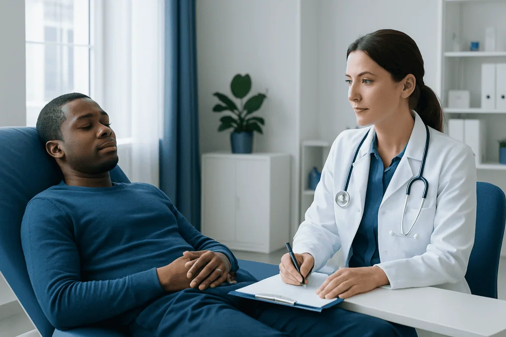 Doctor consulting with a patient in a medical office setting.