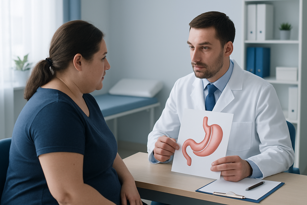 Doctor explaining stomach diagram to patient in consultation room.
