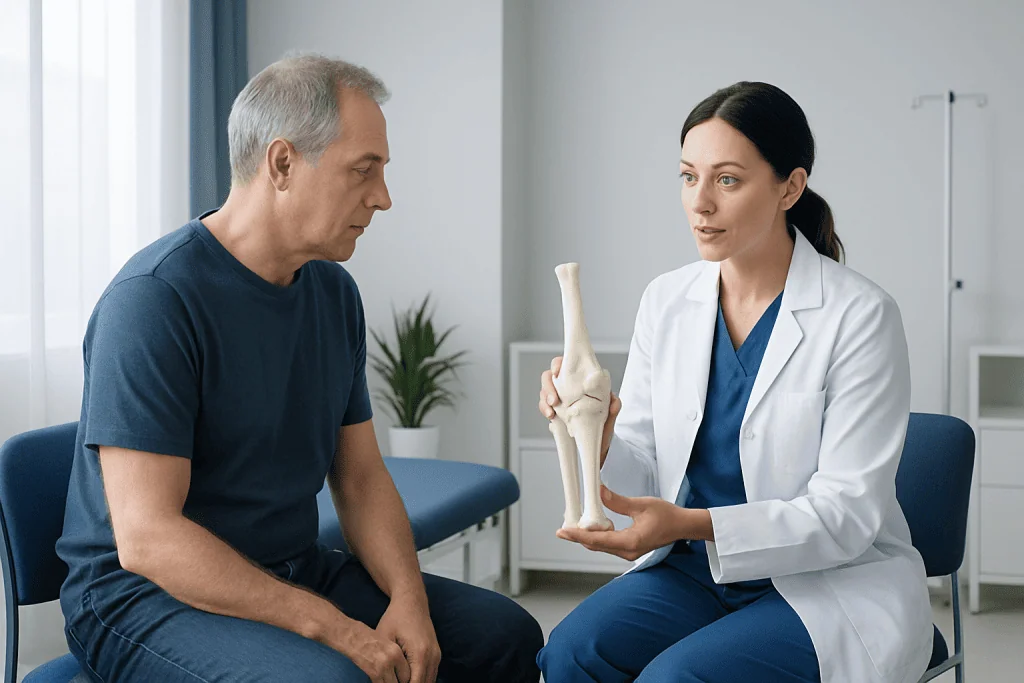 Orthopedic consultation with a doctor explaining a knee joint model to a patient.