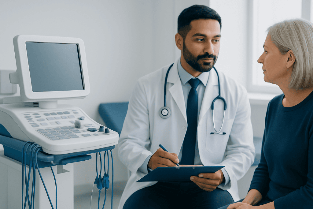 Doctor consulting with an elderly female patient in a medical office.
