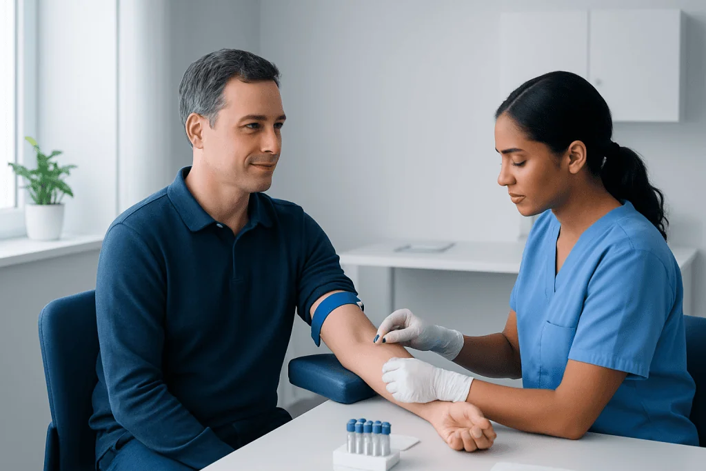 Healthcare professional drawing blood from a patient in a clinical setting.