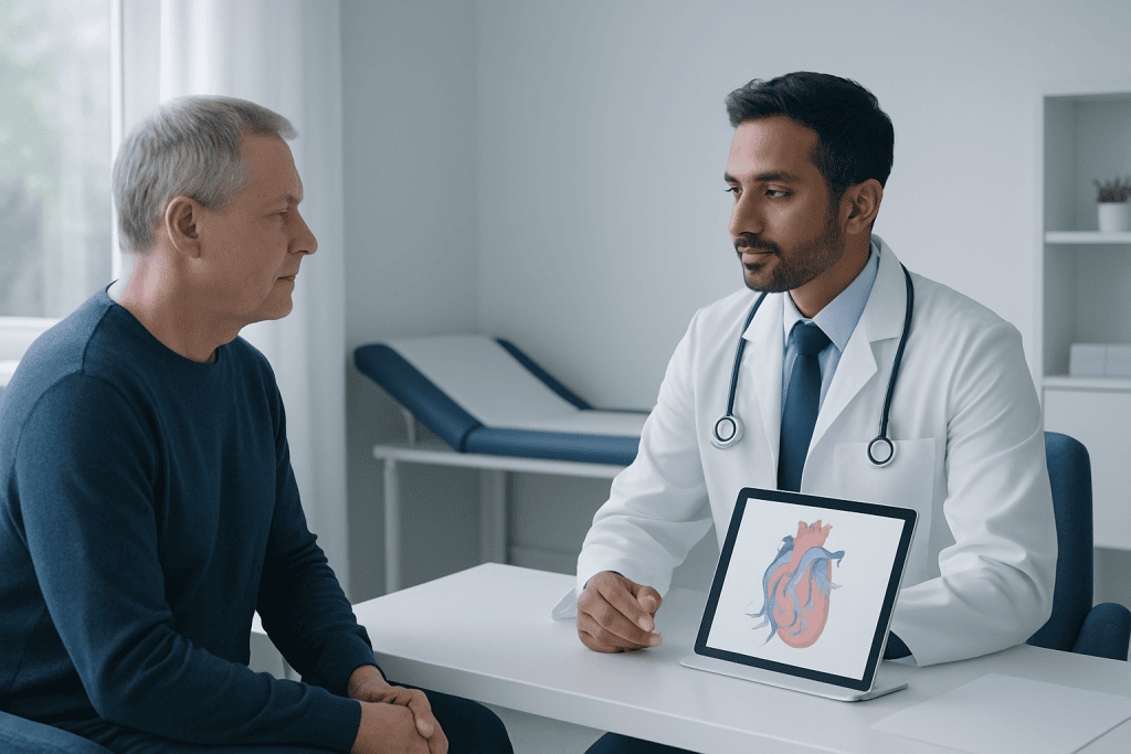 Cardiologist explaining heart diagram to patient in a medical consultation room.