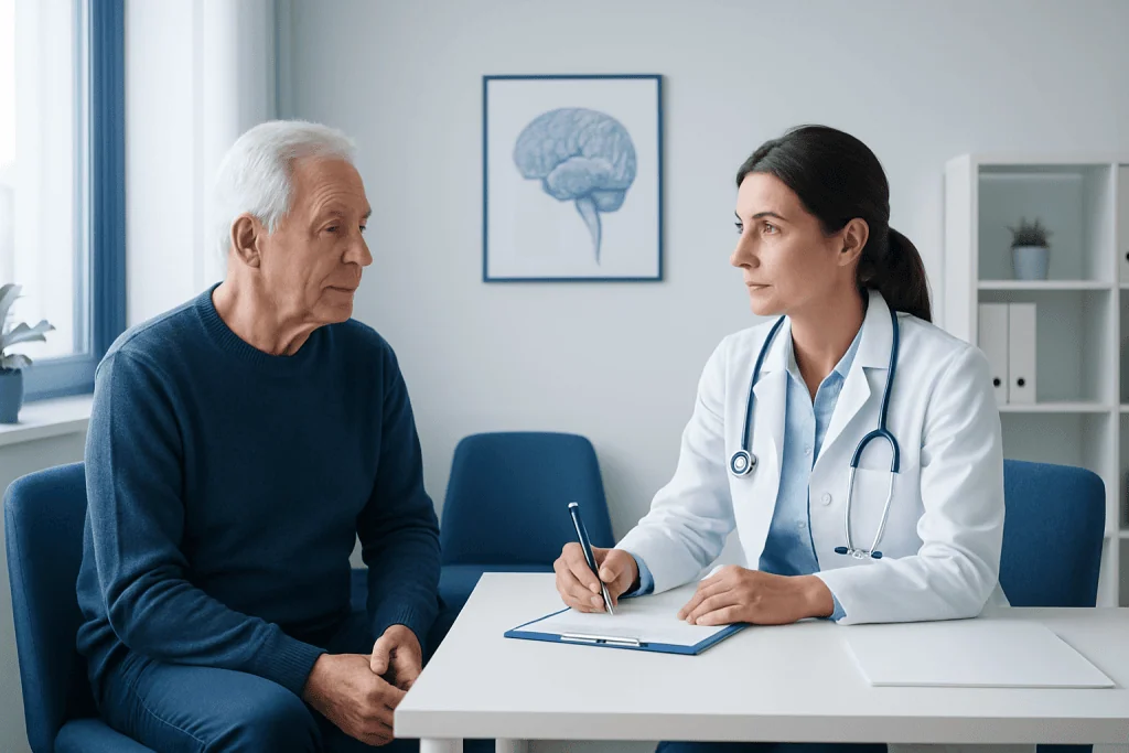 Geriatric patient consulting with a neurologist in a modern clinic.