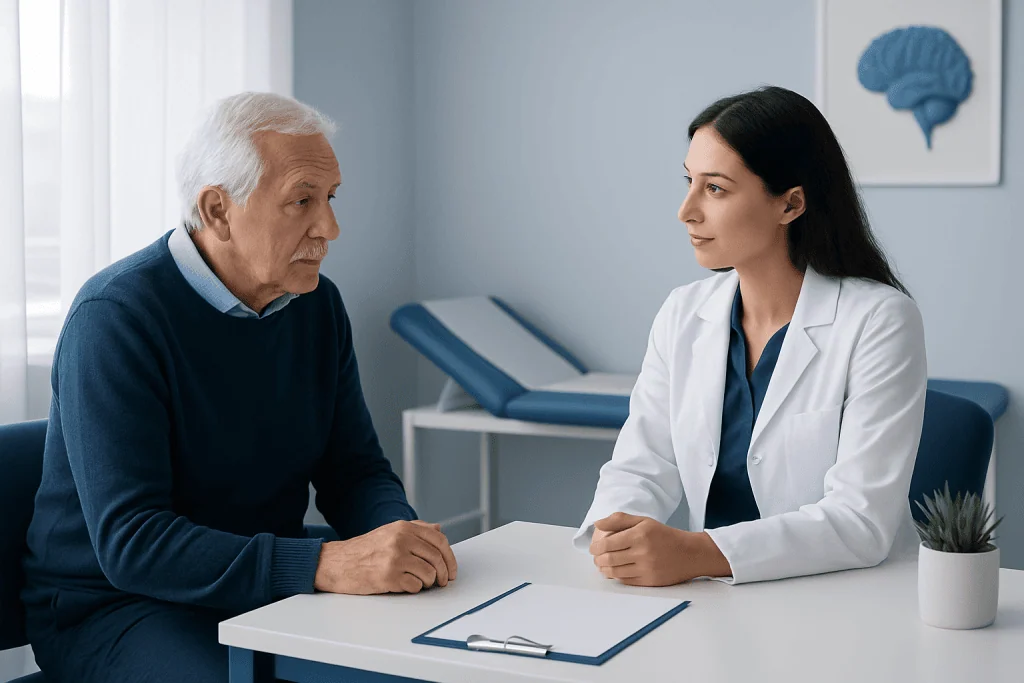 Doctor consulting with elderly patient in a medical office.