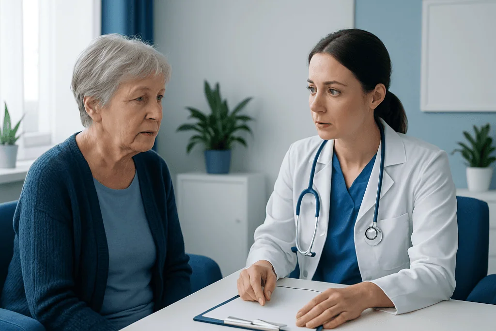 Doctor consulting with elderly woman about memory testing for dementia.