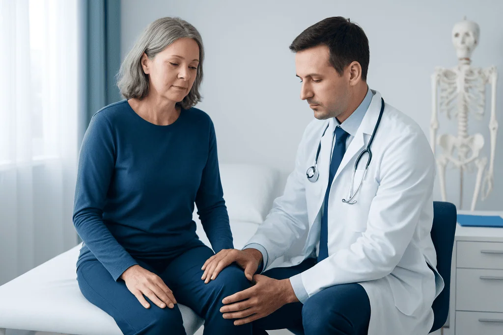 Doctor examining a patient's knee in a medical consultation room.