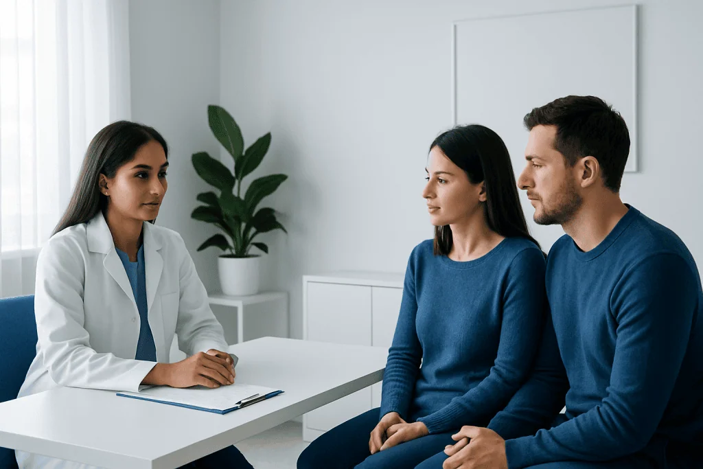Doctor consulting with a couple in a modern clinic setting.