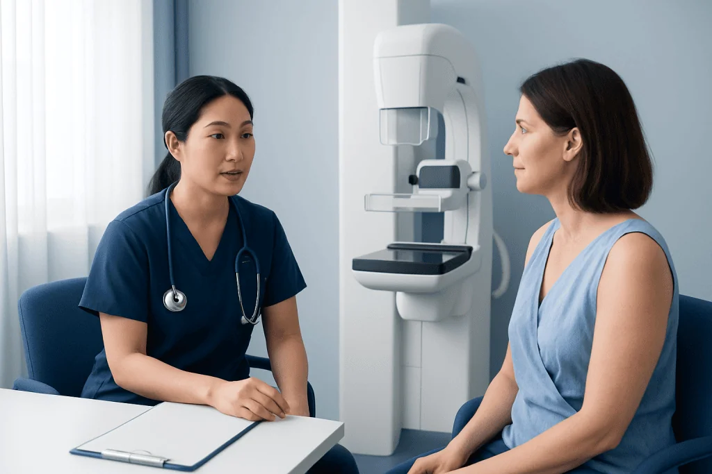 Medical professional explains mammogram procedure to patient in clinic.