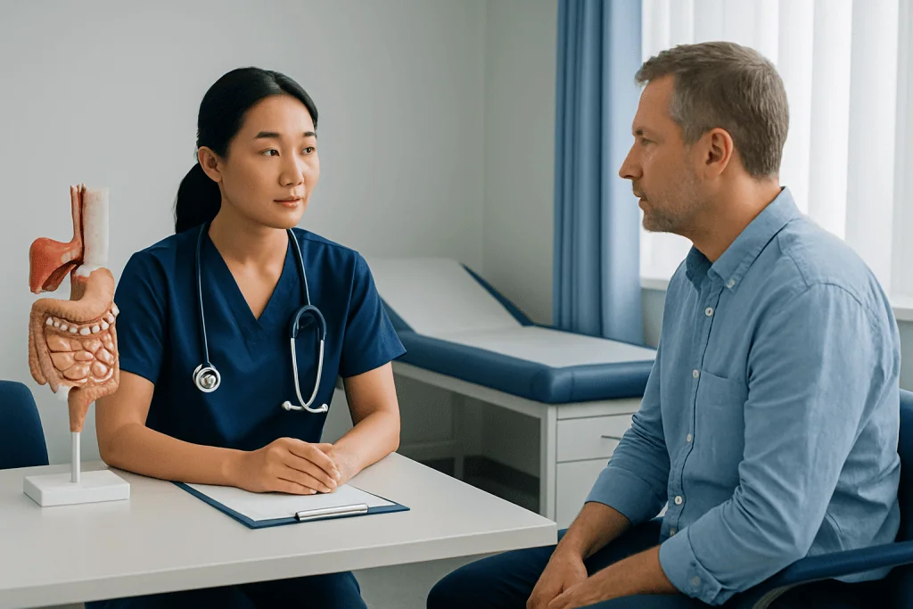 Doctor and patient discussing gastrointestinal health in a clinic setting.