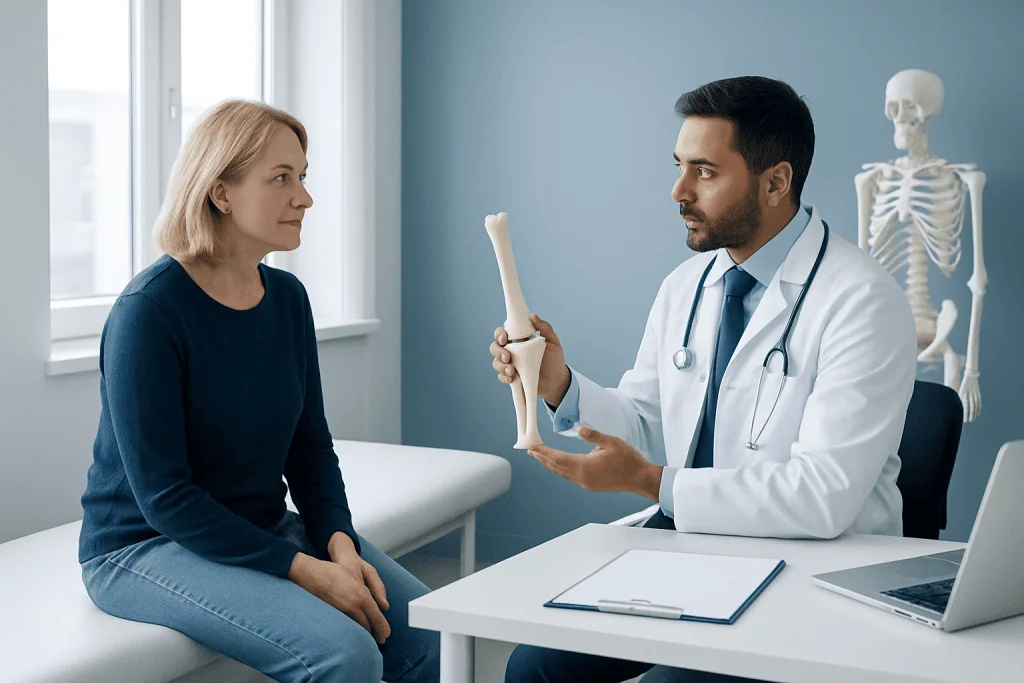 Orthopedic doctor explaining a bone to a female patient in a clinic setting.