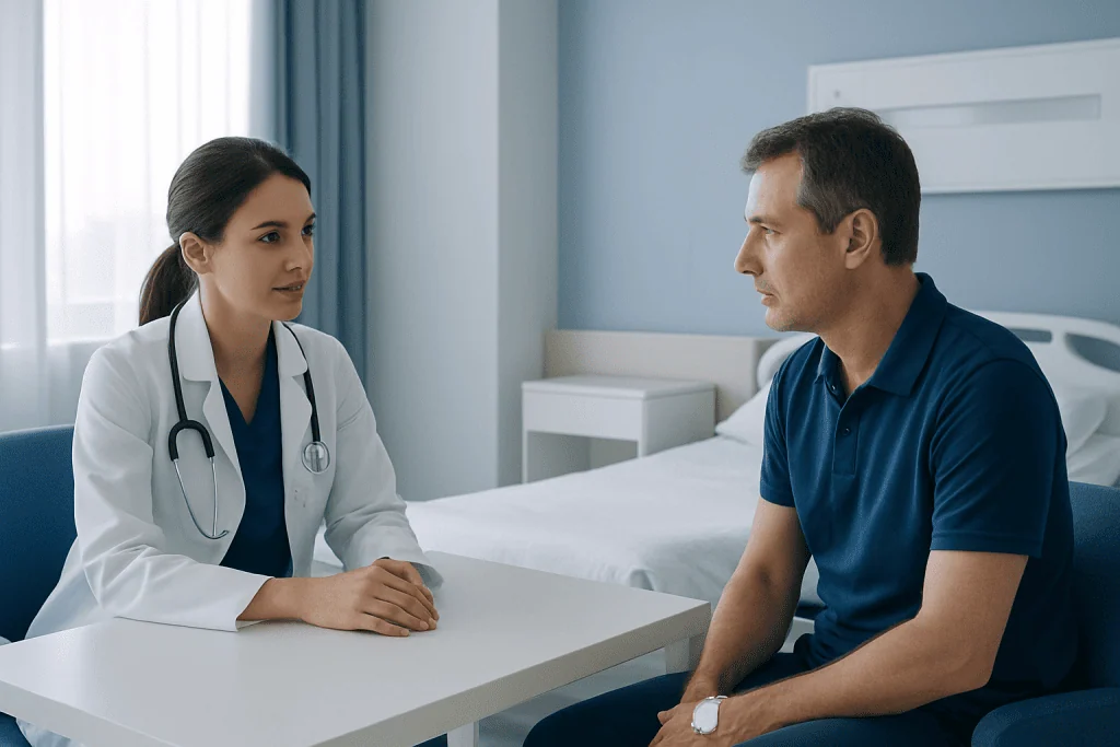 Doctor consulting patient about pain management after surgery at Acibadem Hospital.