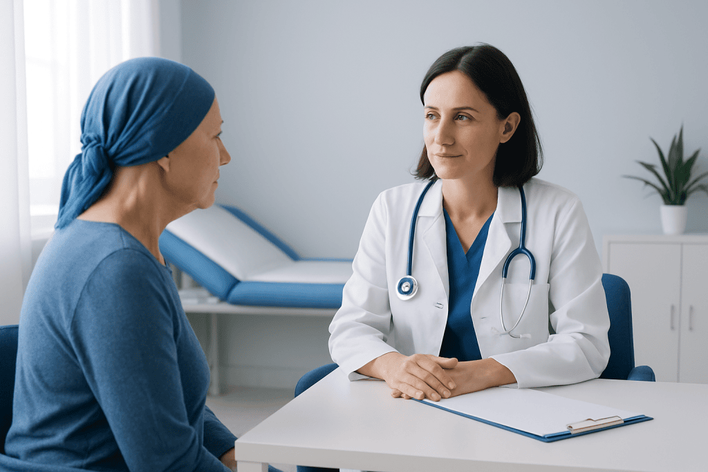 Doctor consulting with a patient in a hospital room.