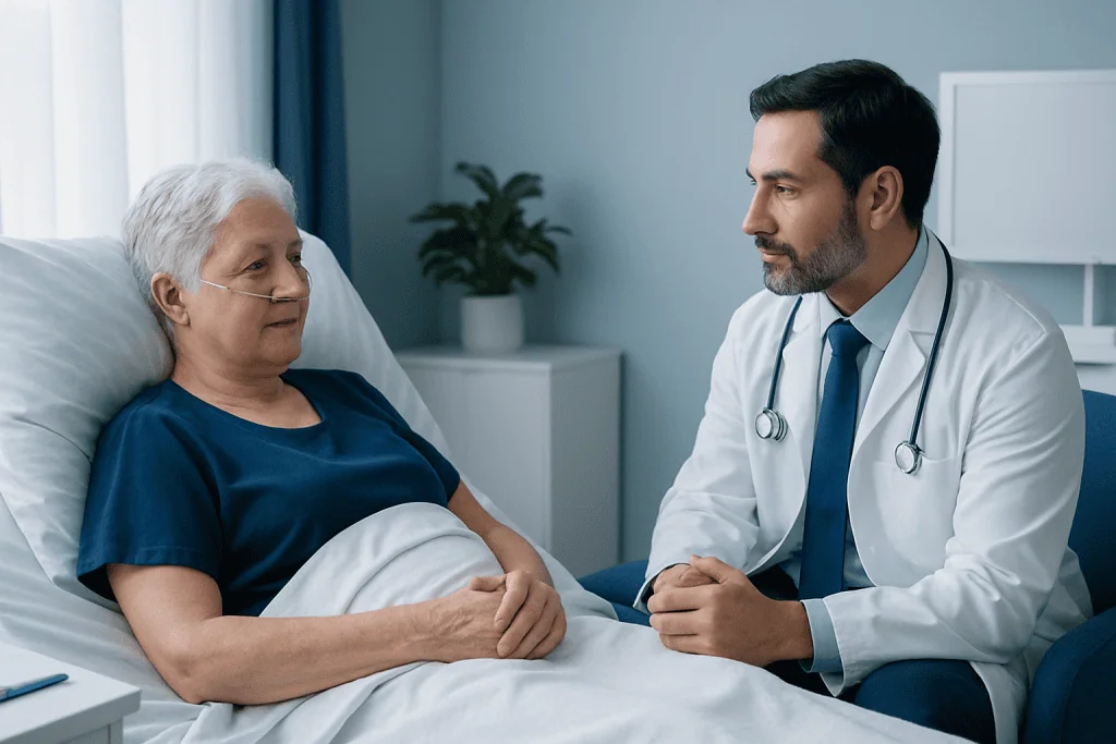 Doctor consulting with elderly patient in hospital room.