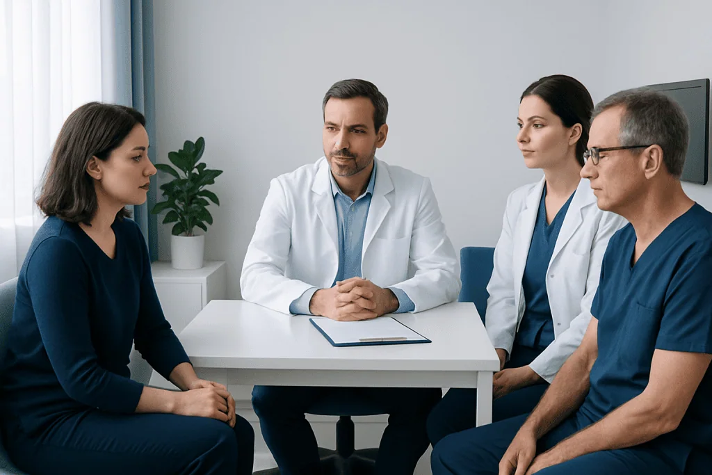 Medical team consulting with patient in a modern clinic setting.