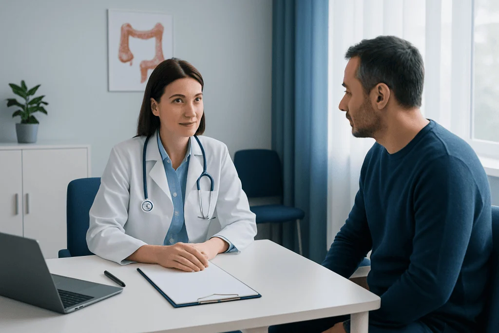 Doctor consulting with patient in a medical office setting.