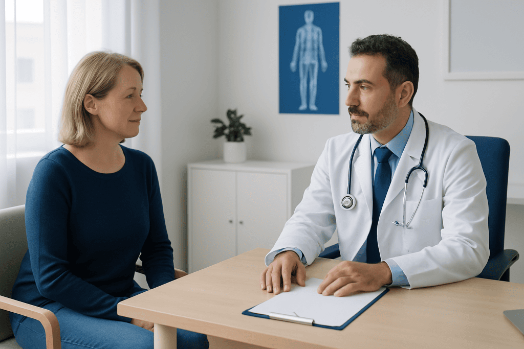 Doctor consulting with a female patient in a modern medical office.