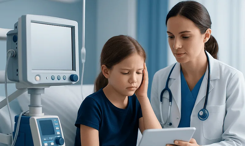 Pediatric patient with headache consulting a doctor in hospital.