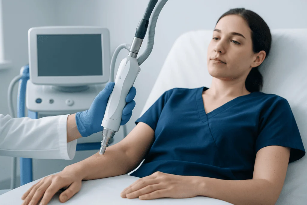Woman receiving skin treatment with advanced laser device at clinic.