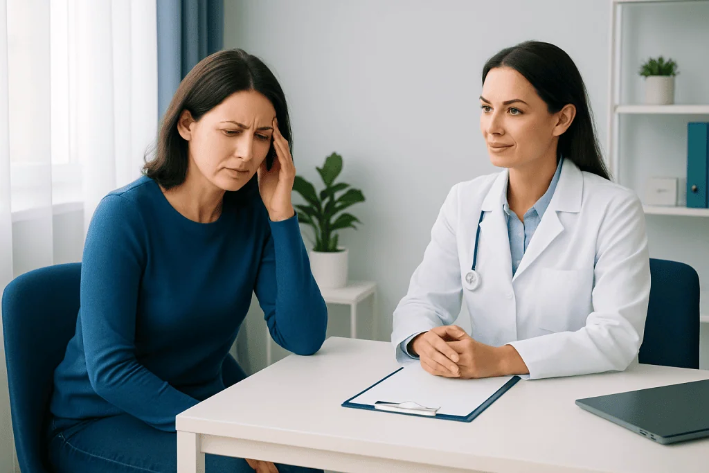 Woman experiencing headache consulting a doctor in a clinic.