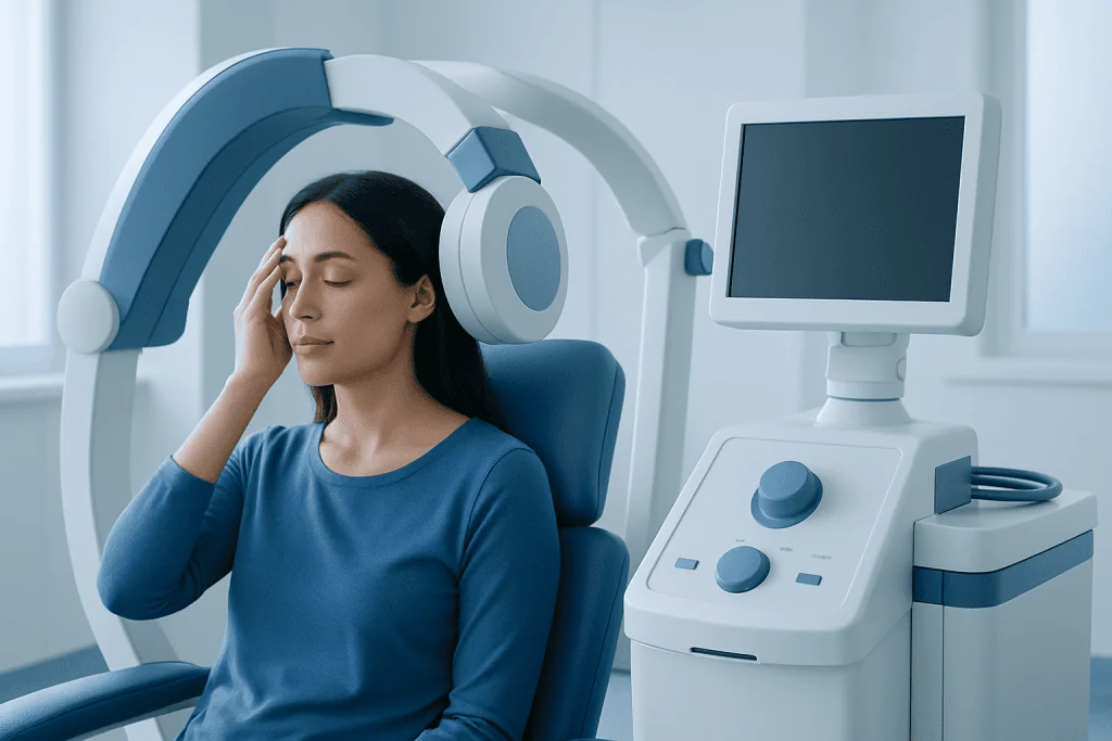Woman undergoing a medical brain scan in a hospital setting.