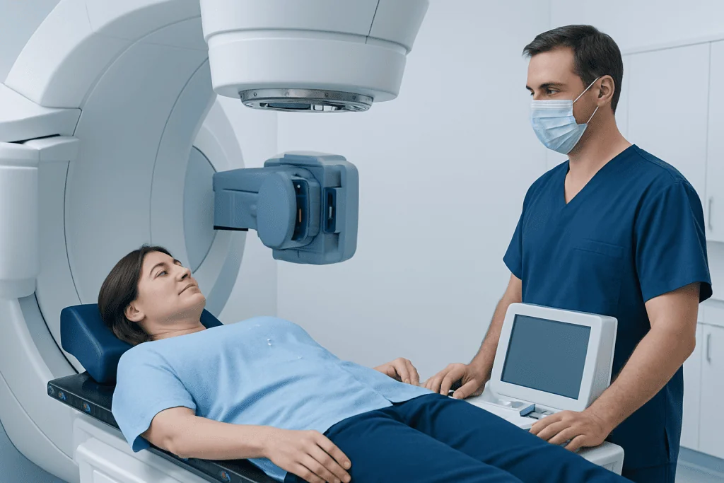 Medical professional operating MRI machine in hospital setting.