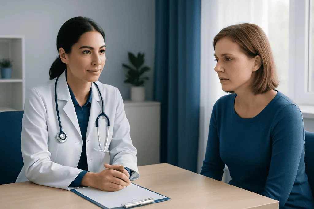 Doctor consulting with a patient about thyroid health and test results.